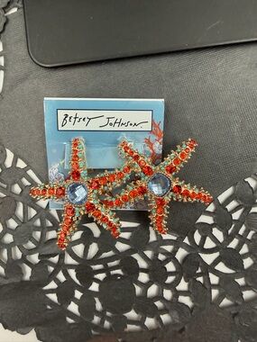 Betsey Johnson Starfish Earrings Red Rhinestone Beach Statement Coastal Glam